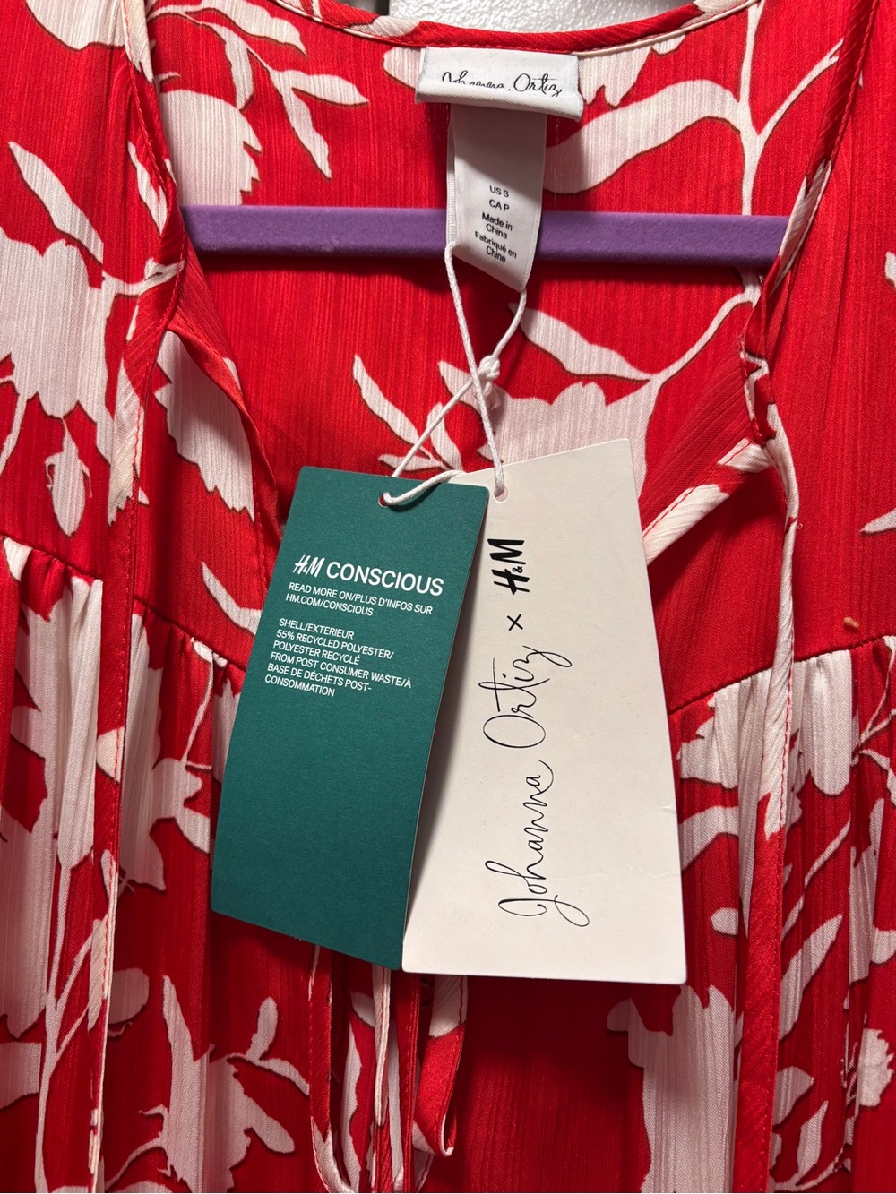 NWT Johanna Ortiz x H&M Red and White Floral Satin Tiered Maxi Dress S - Picture 11 of 12